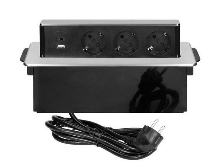 Gniazdo wysuwane z blatu z frezowanym rantem ładowarką USB przewód 2m 3x2P+Z 2xUSB schuko srebrne