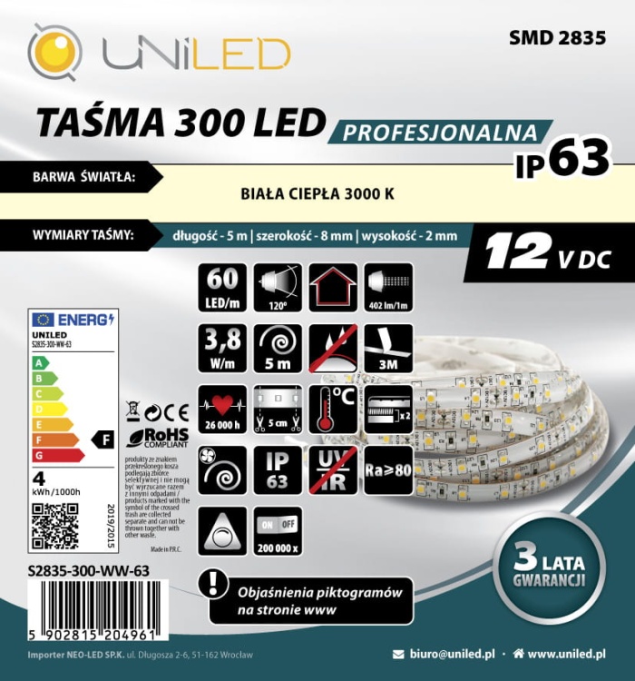 Taśma LED w żelu biała ciepła 12V DC UNILED S2835-300-WN-63