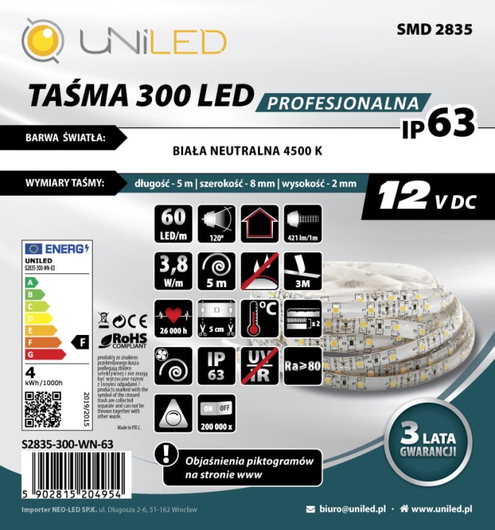 Taśma LED w powłoce żelowej IP63 biała neutralna 4000K S2835-300-WN-63 UNILED
