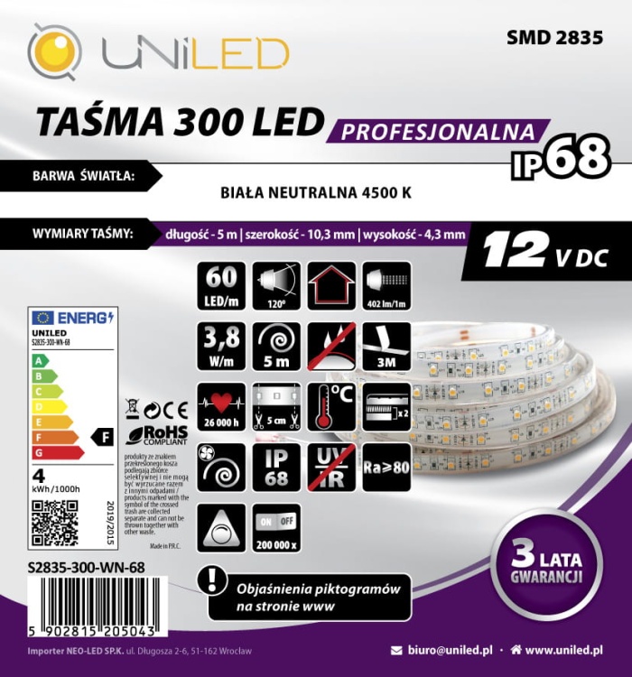 Wodoszczelna taśma LED IP68  UNILED S2835-300-WN-68