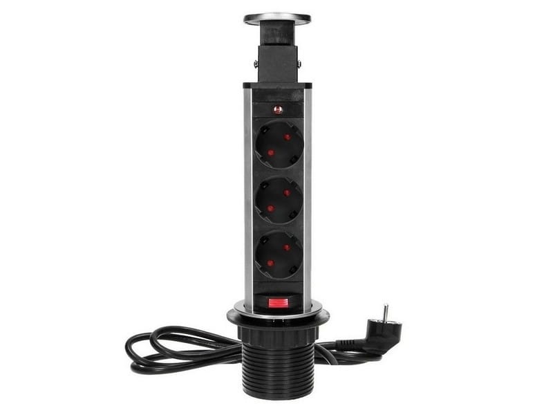 Gniazdo meblowe Ø6cm wysuwane z blatu z blokadą przewód 1,8m 3x2P+Z schuko INOX