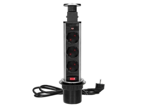 Gniazdo meblowe Ø6cm wysuwane z blatu z blokadą przewód 1,8m 3x2P+Z schuko INOX