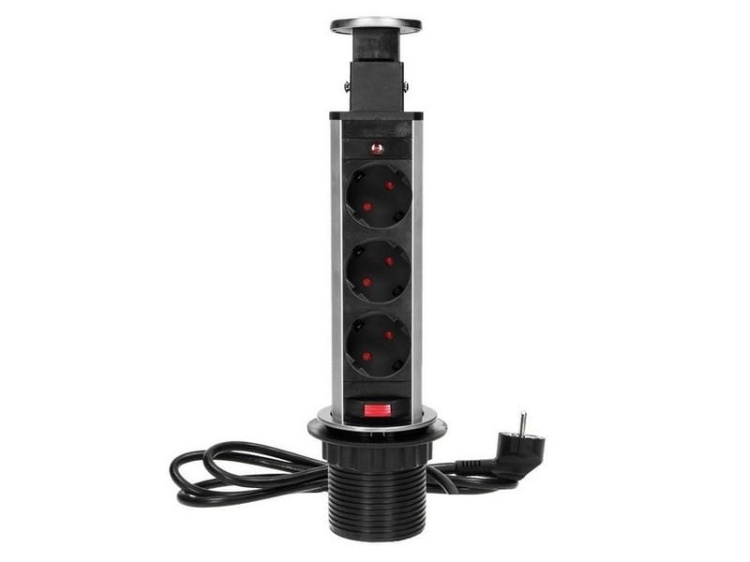Gniazdo meblowe Ø6cm wysuwane z blatu z blokadą przewód 1,8m 3x2P+Z schuko INOX