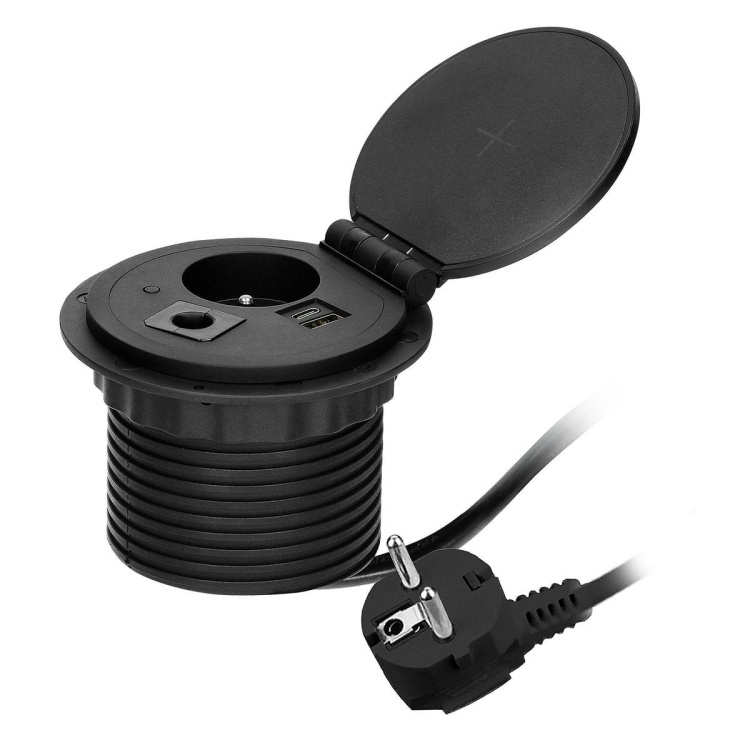 Gniazdo Ø8cm ładowarka indukcyjna i USB przelotka kablowa przewód 1,8m czarne przód