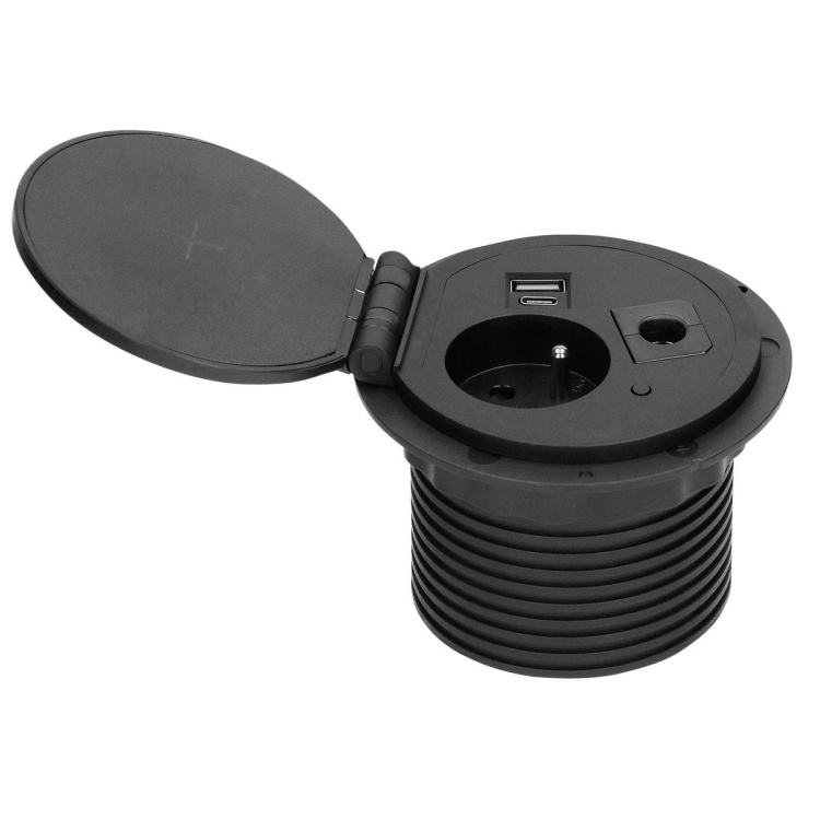 Gniazdo Ø8cm ładowarka indukcyjna i USB przelotka kablowa przewód 1,8m czarne przód