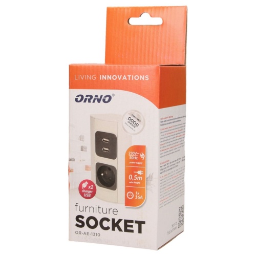 Gniazdo meblowe ładowarka USB przewód 0,5m 1x2P+Z 2xUSB bok