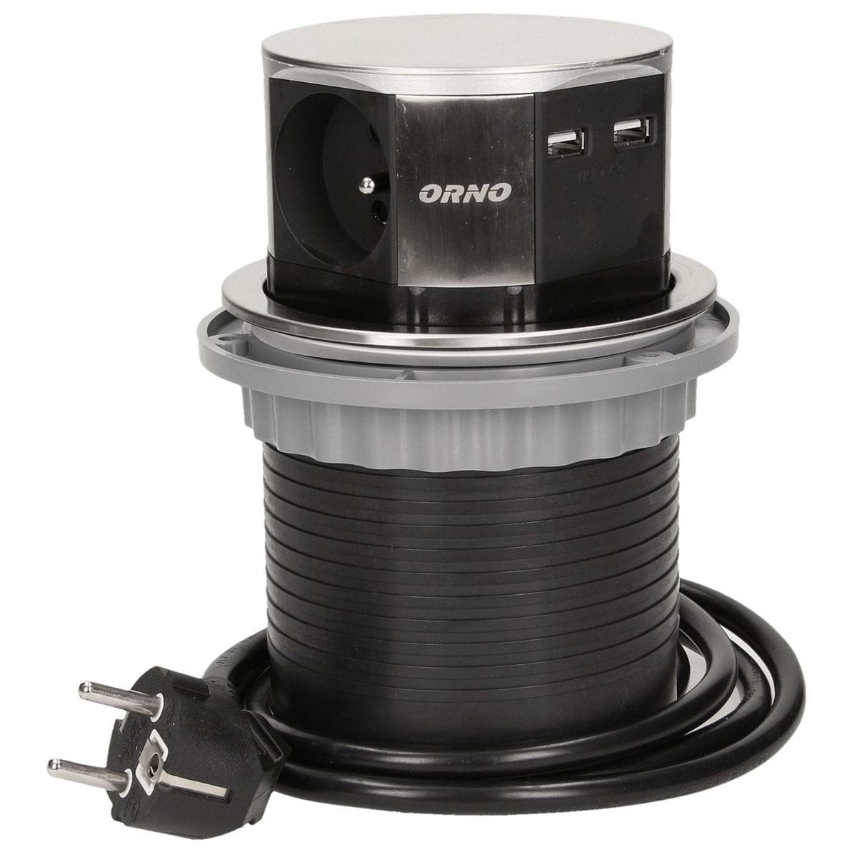 Gniazdo meblowe Ø10cm wysuwane z blatu z ładowarką USB przewód 1,5m 3x2P+Z 2xUSB INOX.