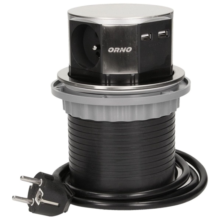Gniazdo meblowe Ø10cm wysuwane z blatu z ładowarką USB przewód 1,5m 3x2P+Z 2xUSB INOX.