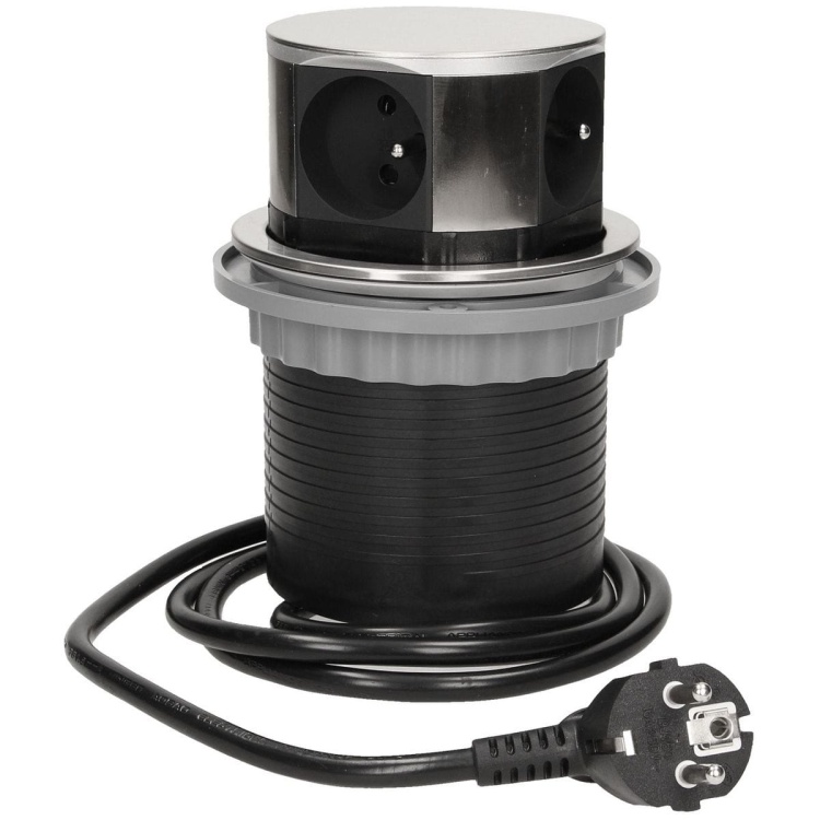 Gniazdo meblowe Ø10cm wysuwane z blatu z ładowarką USB przewód 1,5m 3x2P+Z 2xUSB INOX.