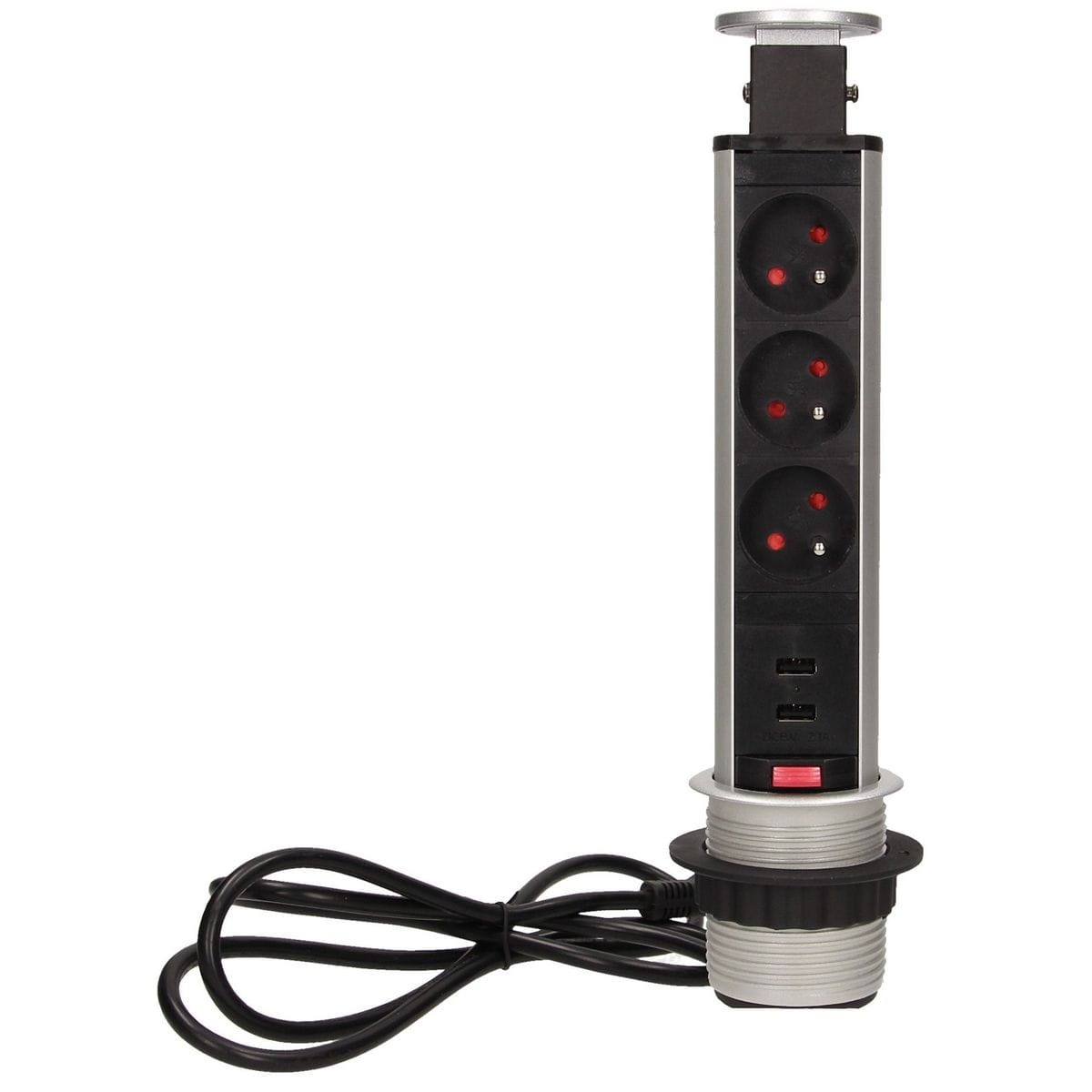 Gniazdo meblowe Ø6cm wysuwane z blatu z ładowarką USB blokadą przewód 1,8m 3x2P+Z