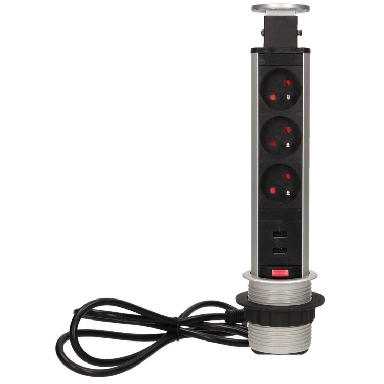 Gniazdo meblowe Ø6cm wysuwane z blatu z ładowarką USB blokadą przewód 1,8m 3x2P+Z