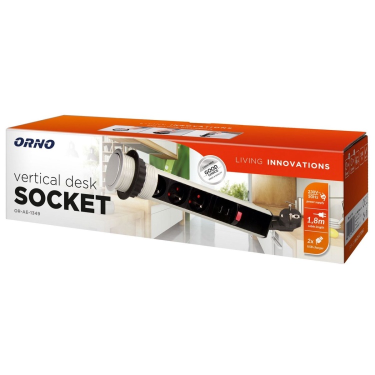 Gniazdo meblowe Ø6cm wysuwane z blatu z ładowarką USB blokadą przewód 1,8m 3x2P+Z. 5901752487598
