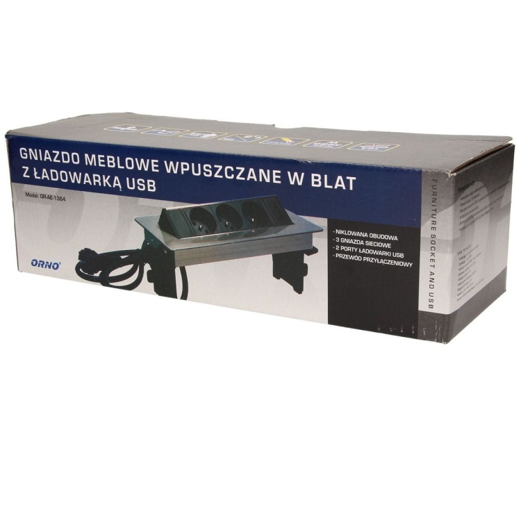 Gniazdo wpuszczane w blat w niklowanej obudowie z ładowarką USB przewód 1,8m 3x2P+Z 2xUSB. 5901752487741