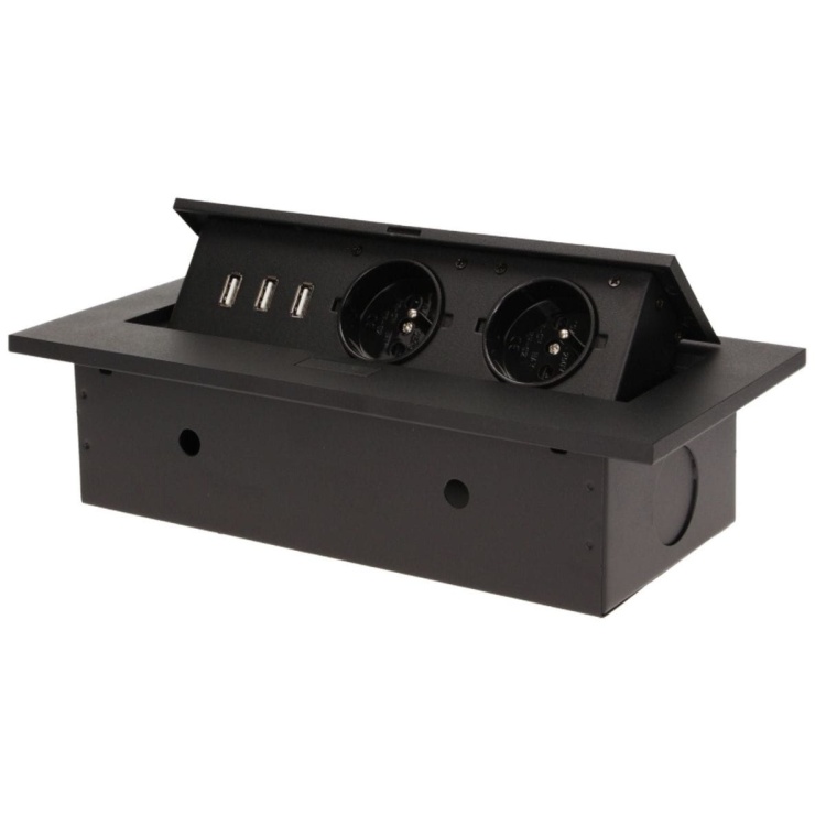 Gniazdo meblowe wpuszczane w blat z grubym rantem 2x2P+Z 3xUSB czarne.