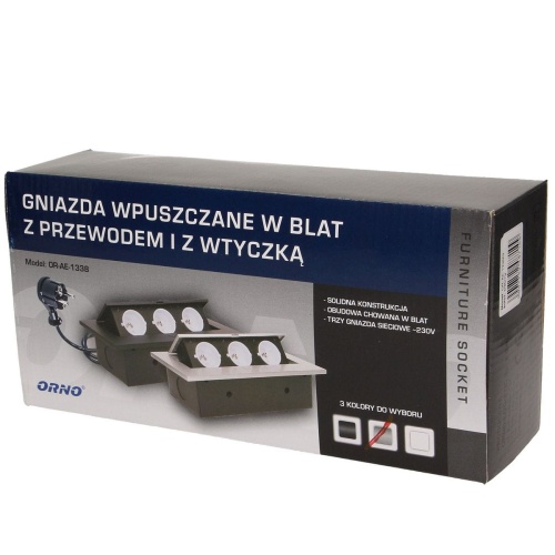 Gniazdo meblowe wpuszczane w blat z grubym rantem 3x2P+Z przewód 1,5m srebrne. 5901752487109