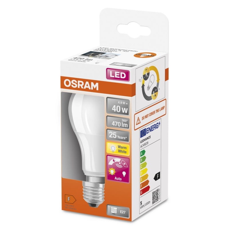 Żarówka LED E27 STAR+ CLASSIC A40 z czujnikiem zmierzchu 6W=40W 470lm 2700K OSRAM opakowanie bok.jpg