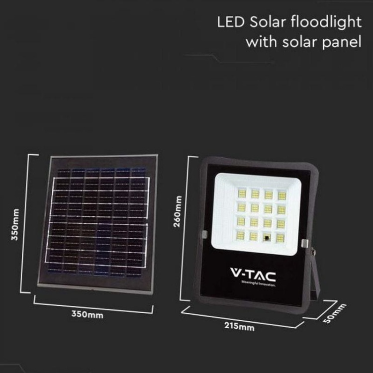 Naświetlacz LED z panelem solarnym 16W 1600lm b. zimny 6400K IP65 V-TAC wymiary
