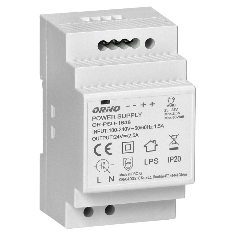 Zasilacz na szynę DIN 24VDC 2,5A 60W szerokość 3 moduły