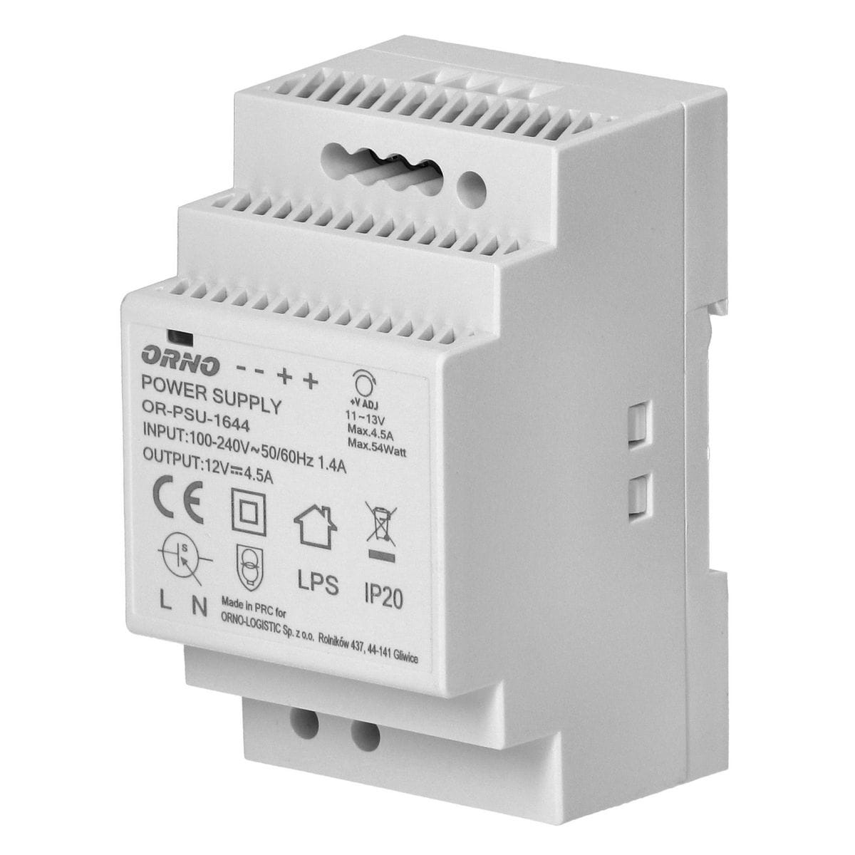 Zasilacz na szynę DIN 12VDC 4,5A 54W szerokość 3 moduły
