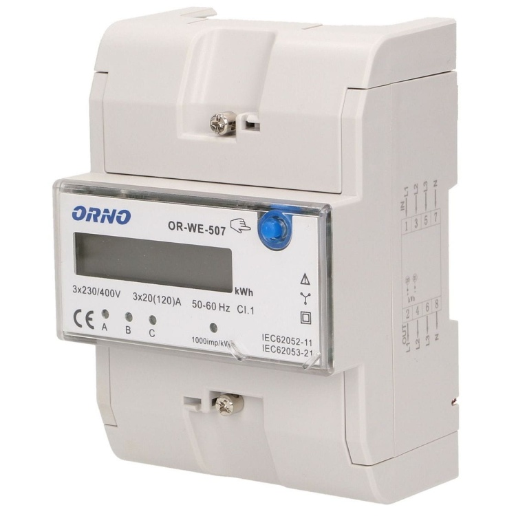 3-fazowy wskaźnik energii elektrycznej, 120A, 5 modułów, DIN TH-35mm, dodatkowy przycisk  ORWE507 5901752482340