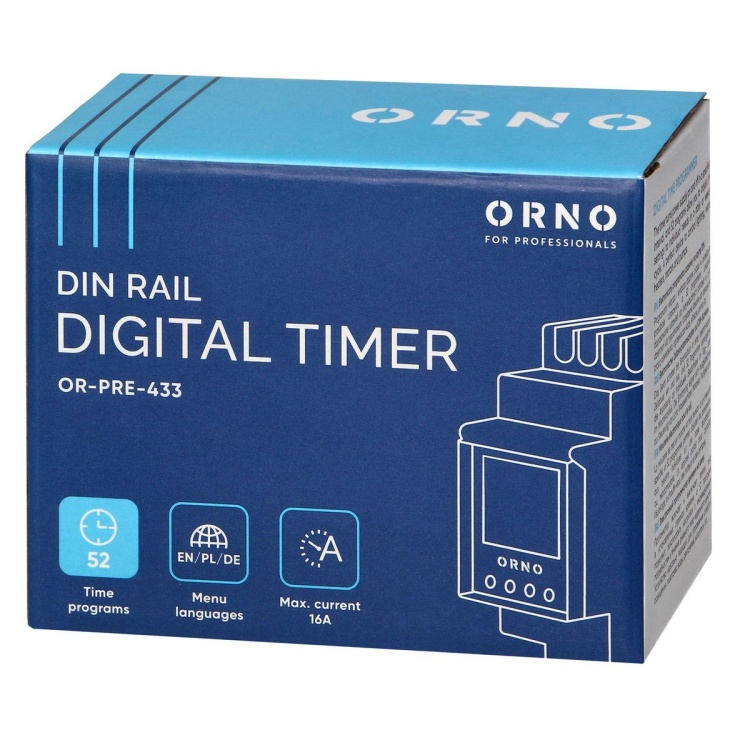 Elektroniczny programator czasowy, 52 programy, 3 języki menu, 2 moduły, DIN TH-35mm ORPRE433 5902560327410