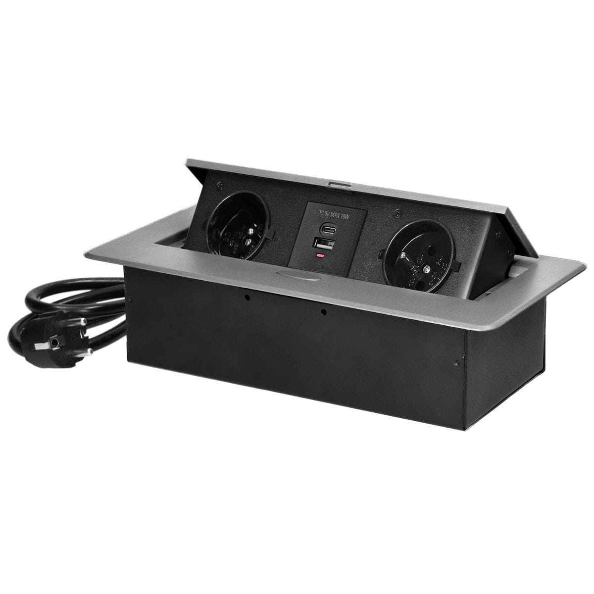 Gniazda meblowe wpuszczane w blat z płaskim frezowanym rantem, ładowarką USB i przewodem 1,5m, 2x2P+Z, 2xUSB (typ A+C; 3,6A), srebrne 5908254841019
