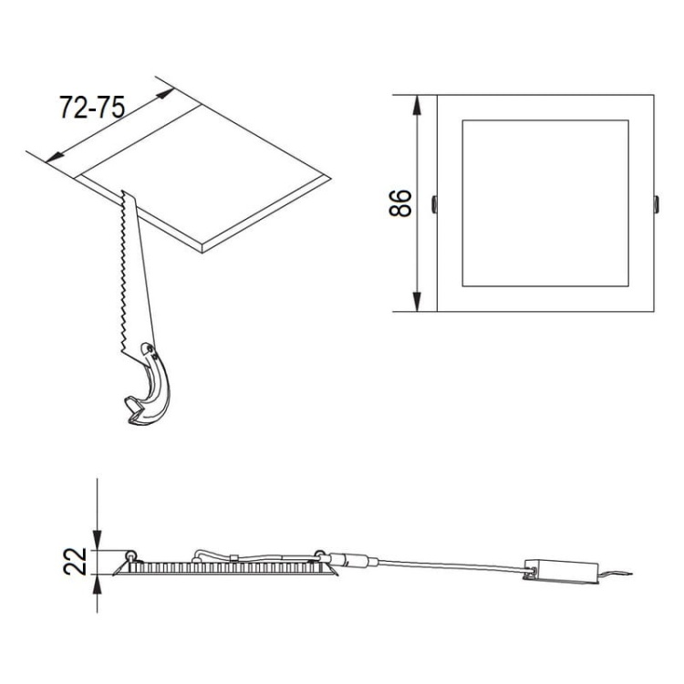 Oprawa wpuszczana downlight LED MATIS PLUS 3W 3000K 200lm 120° IP44 kwadratowa biała GTV wymiary.jpg