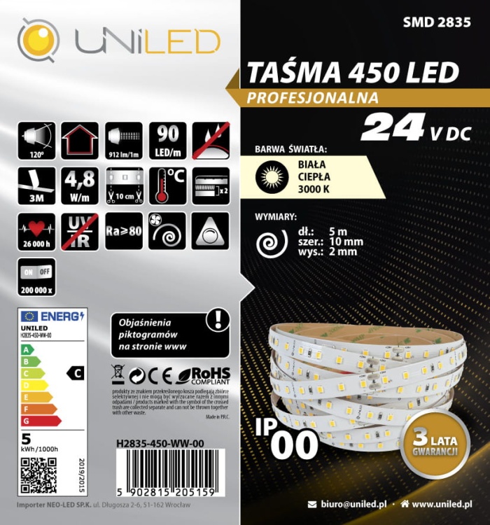 Wydajna taśma LED H2835-450-WW  190lm/W  24V