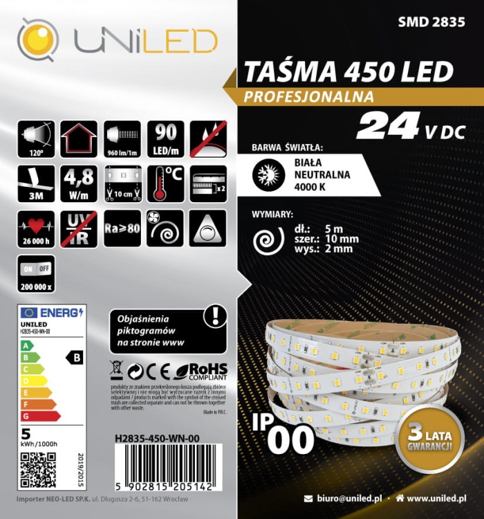 Wydajna taśma LED H2835-450-WN  200lm/W  24V