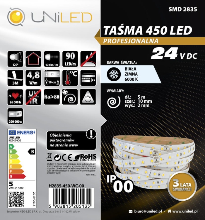 Wydajna taśma LED H2835-450-WC  202lm/W  24V