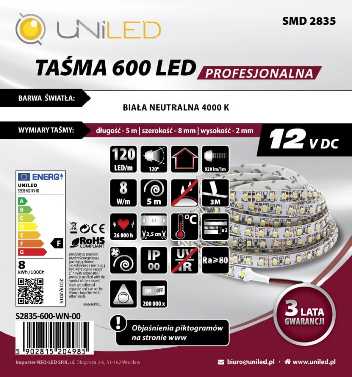 Taśma LED SMD2835 600led/5m biała neutralna 4000K 8W/1m