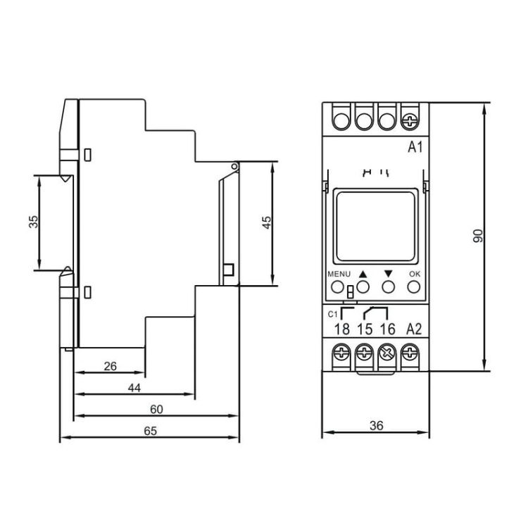 Astronomiczny programator czasowy jednokanałowy 24-264V moduł DIN-35mm SCHELINGER wymiary.jpg