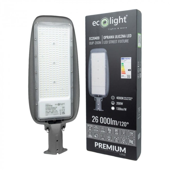 Oprawa uliczna LED PREMIUM 200W 4000K 26000lm IP65 szara Ecolight EC20409 opakowanie.jpg