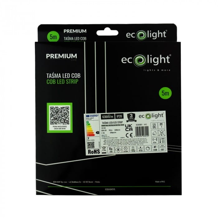 Taśma LED COB biała neutralna 12V 35W 1600diod IP20 5m Ecolight EC20301 kartonik.jpg