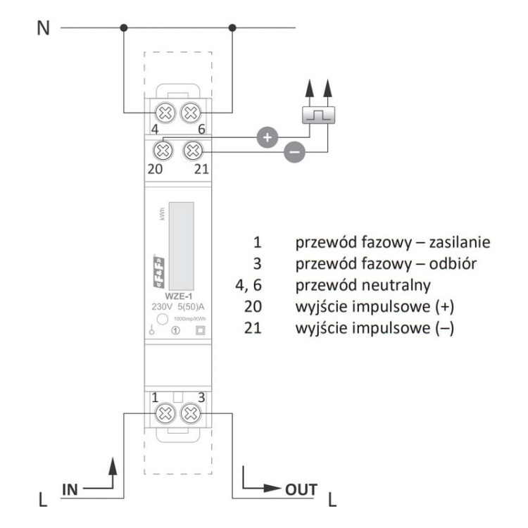Licznik zużycia energii elektrycznej 1-fazowy 50A WZE-1 F&F schemat.jpg