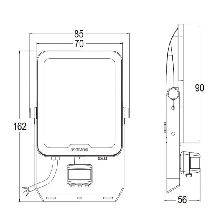 Naświetlacz LED Philips Ledinaire All-in Floodlight BVP167 10W 3000/4000/6500K 1100–1200lm czujnik ruchu IP65 IK07 wymiary – Philips