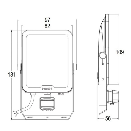 Naświetlacz LED Philips Ledinaire All-in Floodlight BVP167 20W 3000/4000/6500K 2200–2400lm czujnik ruchu IP65 IK07 wymiary – Philips