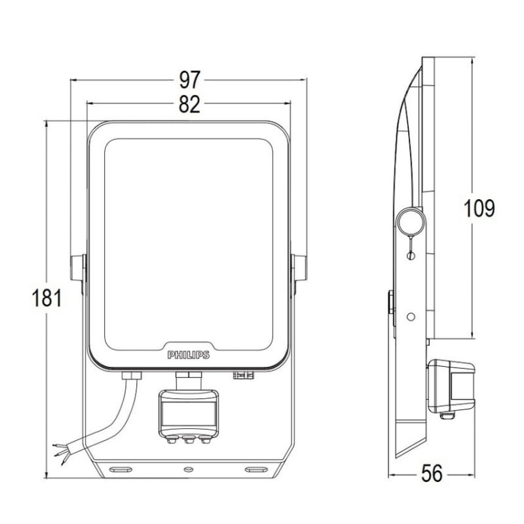 Naświetlacz LED Philips Ledinaire All-in Floodlight BVP167 20W 3000/4000/6500K 2200–2400lm czujnik ruchu IP65 IK07 wymiary – Philips