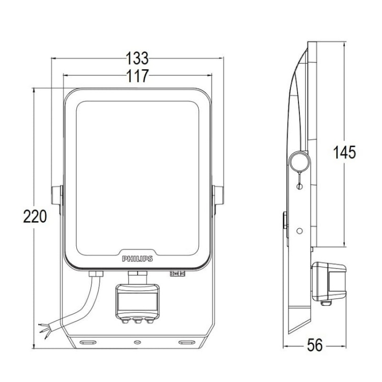 Naświetlacz LED Philips Ledinaire All-in Floodlight BVP167 30W 3000/4000/6500K 3300–3600lm czujnik ruchu IP65 IK07 wymiary – Philips