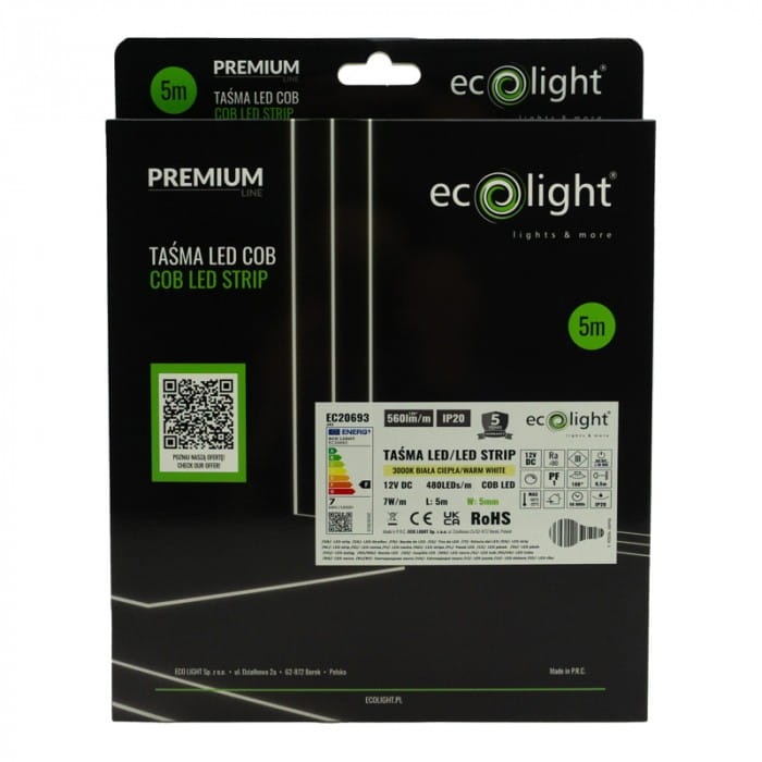 Taśma LED COB biała ciepła 12V 35W 2400 IP20 5mm 5m Ecolight EC20693 pudełko.jpg