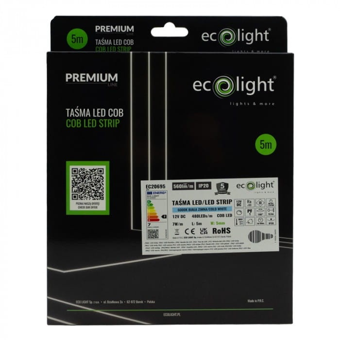 Taśma LED COB biała zimna 12V 35W 2400 IP20 5mm 5m Ecolight EC20695 pudełko.jpg