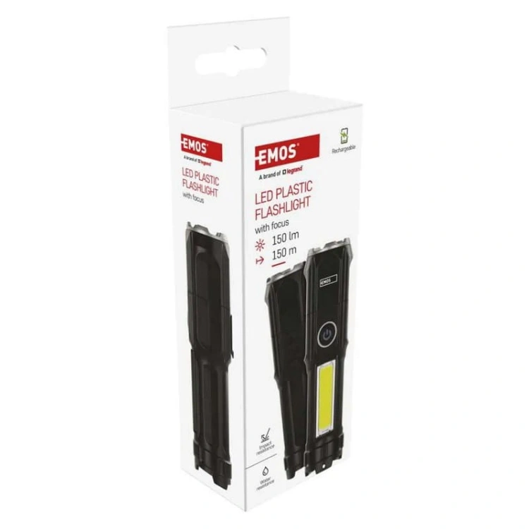 Latarka LED z wbudowanym akumulatorem 1200mAh 3,7V 150lm IP44 czarna Emos P3214 opakowanie zdjęcia.jpg