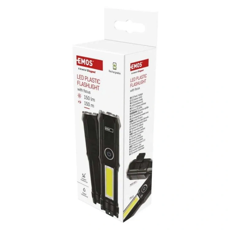 Latarka LED z wbudowanym akumulatorem 1200mAh 3,7V 150lm IP44 czarna Emos P3214 opakowanie bok.jpg