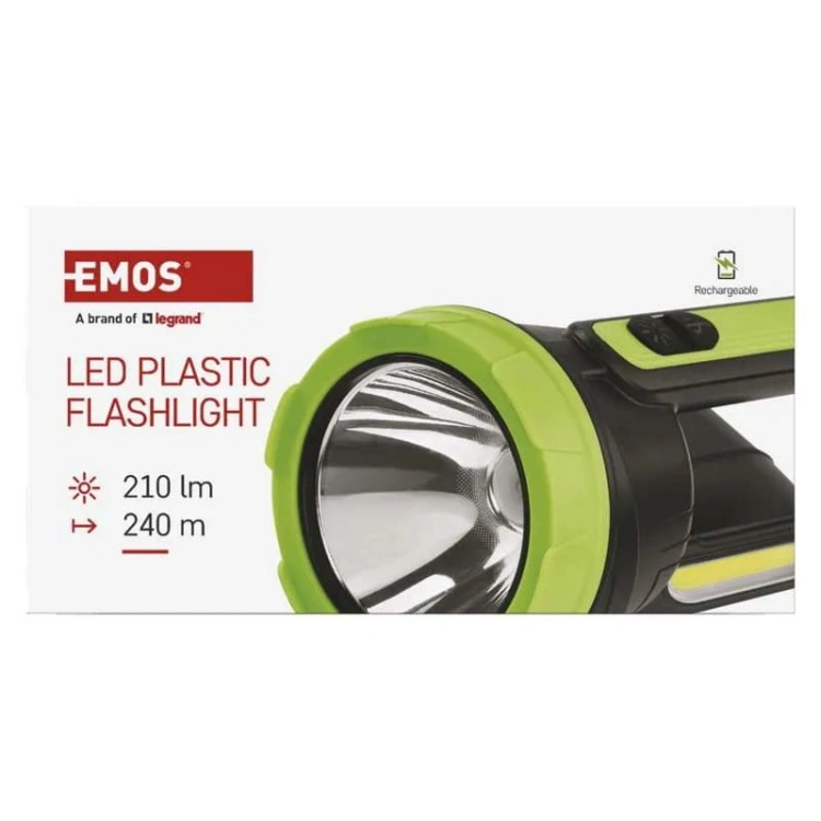Latarka ładowalna LED 210lm 1800mAh czarno-zielona Emos P2314 opakowanie.jpg