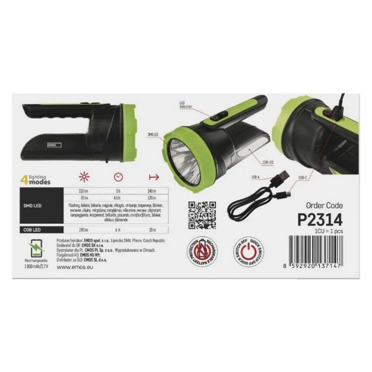 Latarka ładowalna LED 210lm 1800mAh czarno-zielona Emos P2314 informacje.jpg