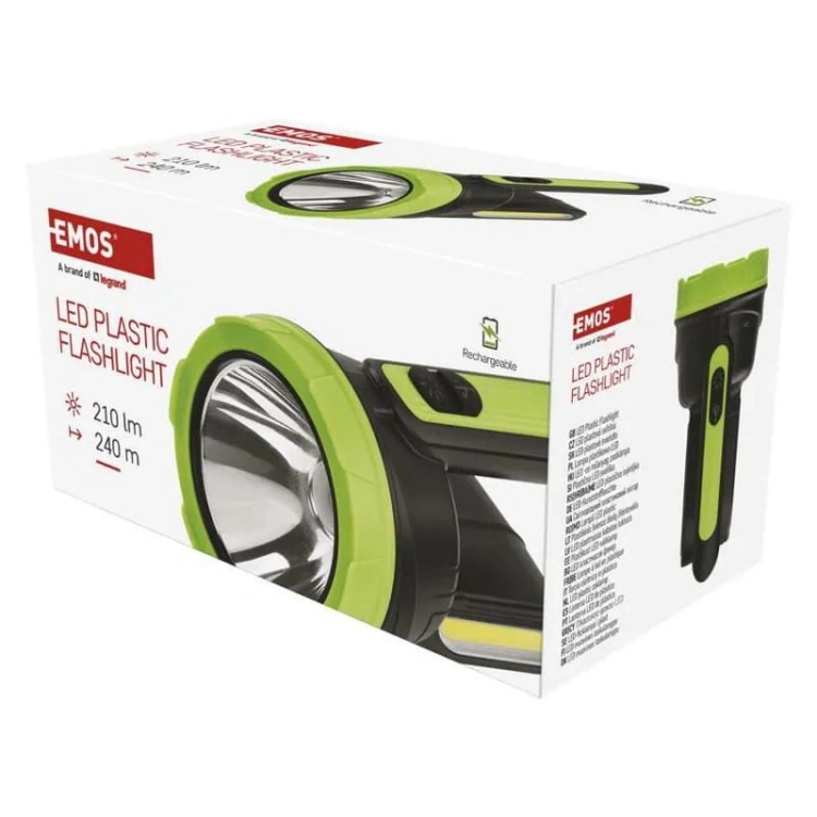 Latarka ładowalna LED 210lm 1800mAh czarno-zielona Emos P2314 bok informacje.jpg