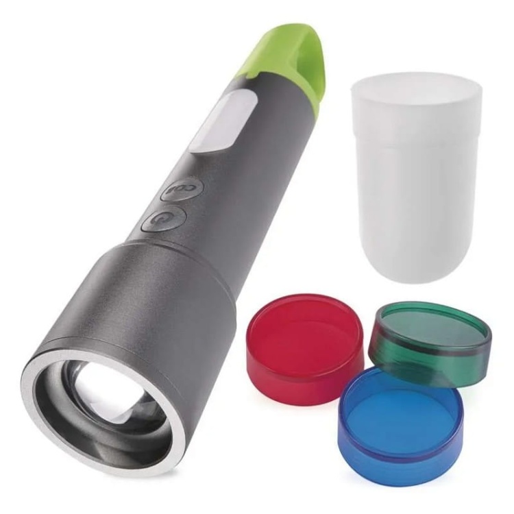 Latarka ładowalna LED 600lm 1200mAh metalowa IP44 szaro-zielona Emos P3118 zestaw.jpg