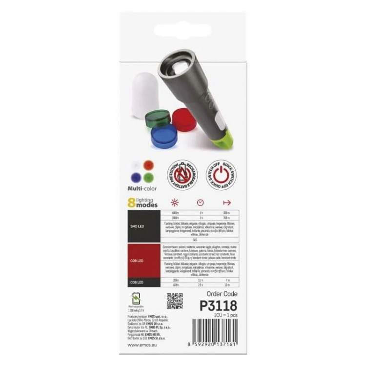 Latarka ładowalna LED 600lm 1200mAh metalowa IP44 szaro-zielona Emos P3118 opakowanie tył.jpg