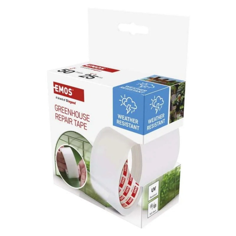 Naprawcza taśma klejąca do poliwęglanu i szkła 25m x 50mm przezroczysta Emos F6200 opakowanie bok.jpg
