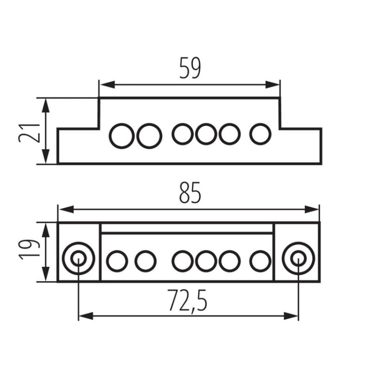 Blok rozdzielczy KP-TB 6 otworów do rozdzielnic serii KP-DB niebieski Kanlux 32634 wymiary